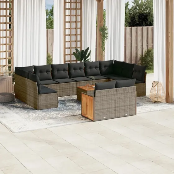 Sofasæt til haven 13 dele i grå polyrattan med hynder