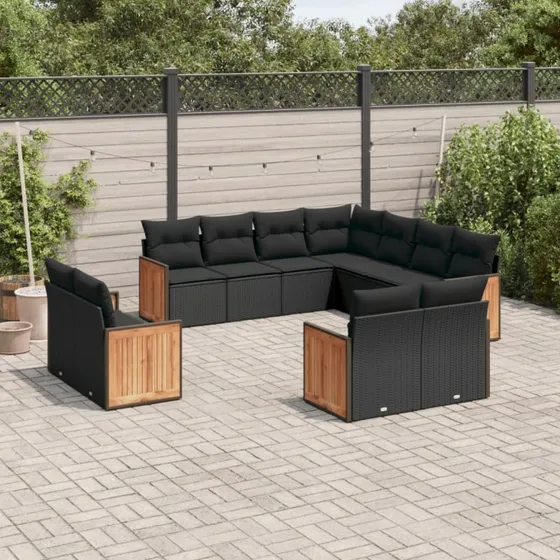 Havesofasæt 11 dele i polyrattan – sort med hynder