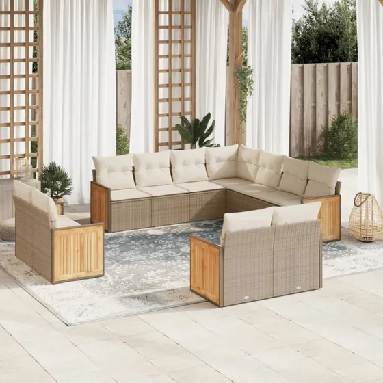 Havesæt 11 dele i polyrattan med hynder - beige