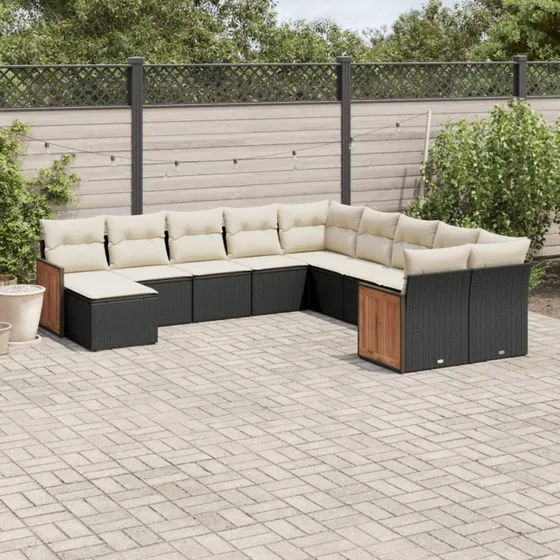 Polyrattan sofasæt til haven 11 dele med hynder, sort