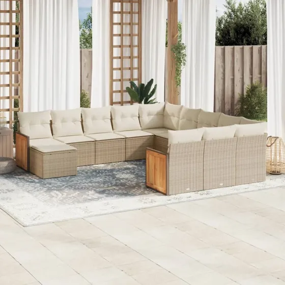 Havesofasæt 12 dele i polyrattan med hynder, beige