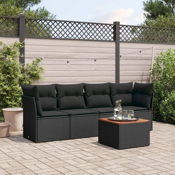 Havesofasæt 5 dele i polyrattan med hynder, sort