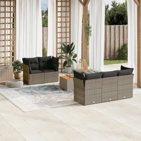 6-pcs polyrattan sofasæt til have med hynder, grå