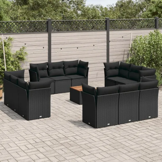 Havesofasæt 13 dele i polyrattan med hynder - sort