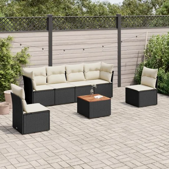 Havesofa sæt 7 dele i sort polyrattan med hynder
