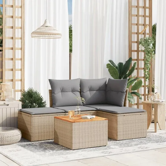 Polyrattan sofasæt til haven 5 dele med hynder – beige