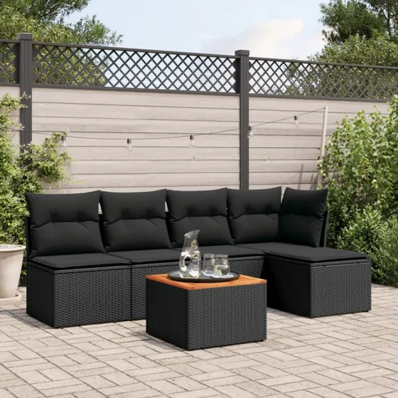 Havesofasæt 6 dele i sort polyrattan med hynder