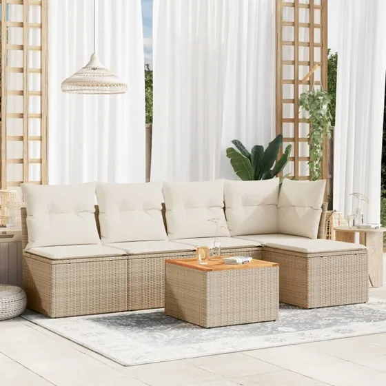 6-dele havemøbelsæt i polyrattan med hynder, beige