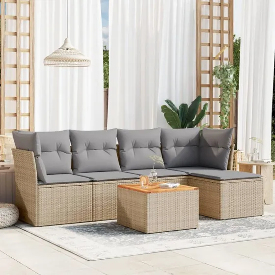 6-delers polyrattan sofasæt til haven med hynder - beige