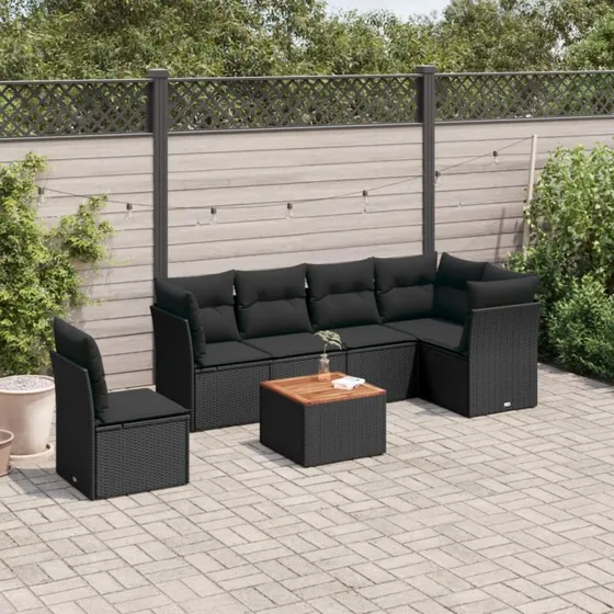 Havesofasæt 7 dele i sort polyrattan med hynder