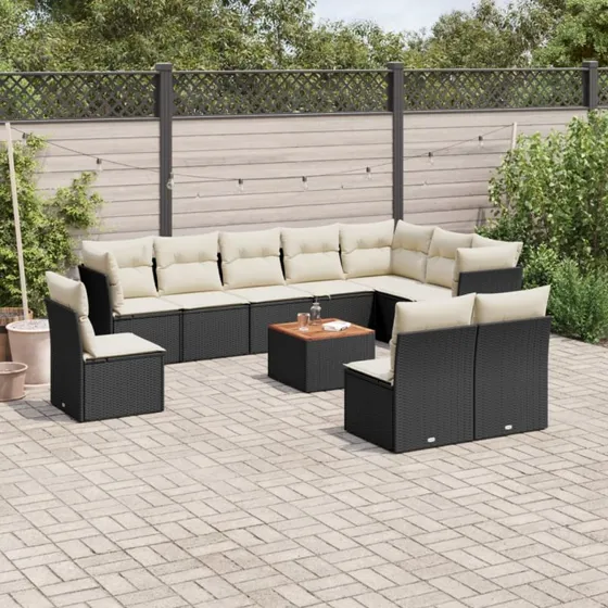 Havesofasæt 11 dele i polyrattan - sort med hynder