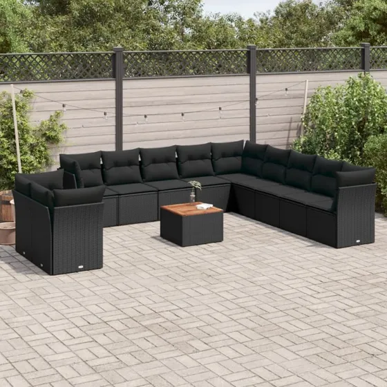 Havesofasæt 12 dele i polyrattan - sort med hynder