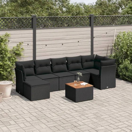 8-dele havesofasæt i polyrattan med hynder, sort