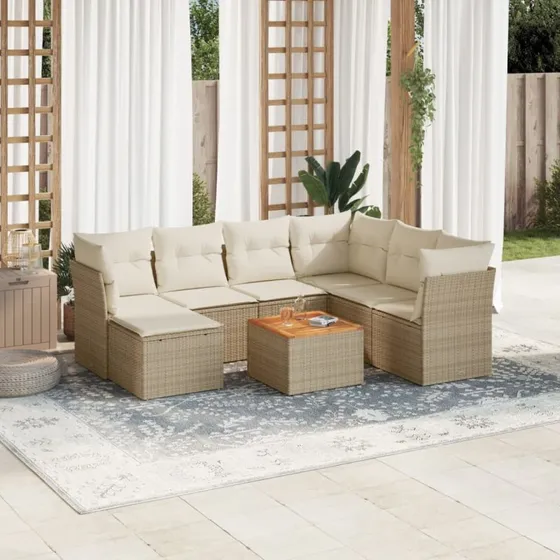 Havesofasæt 8 dele i beige polyrattan inkl. hynder