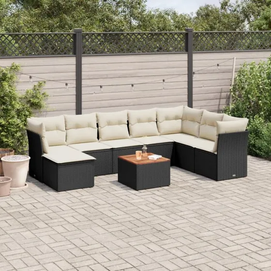 Havesofasæt polyrattan 9 dele med hynder - sort