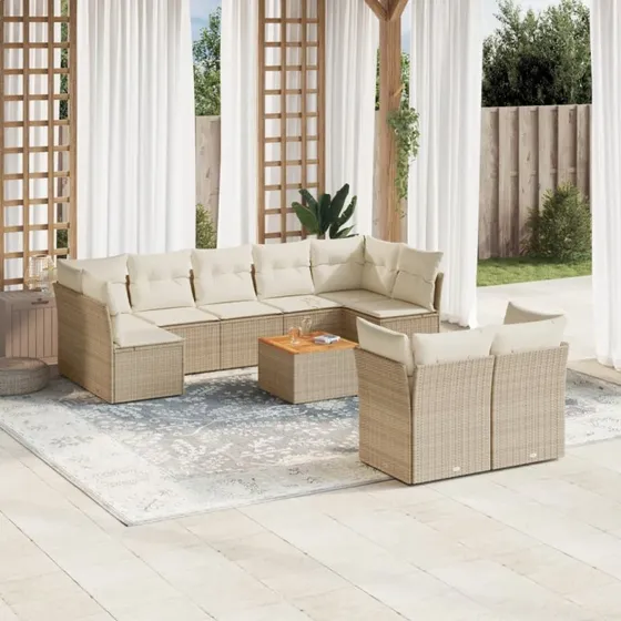 Sofasæt i polyrattan til haven 10 dele med hynder - beige