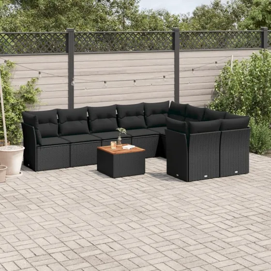 Havesofasæt i polyrattan 10 dele med hynder - Sort
