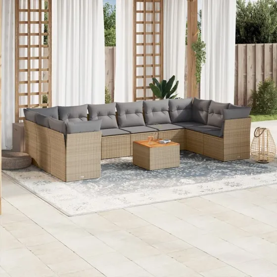 Havesæt 11 dele i polyrattan med hynder – beige