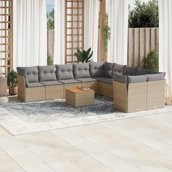 Havesofasæt 11 dele polyrattan beige
