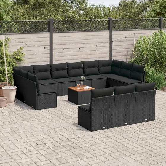 Sort 14-delers sofasæt til haven i polyrattan med hynder