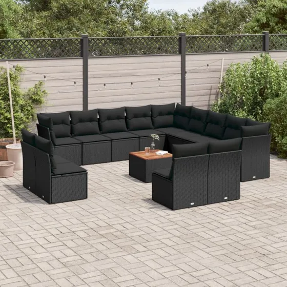 Sofasæt til haven 14 dele i sort polyrattan med hynder