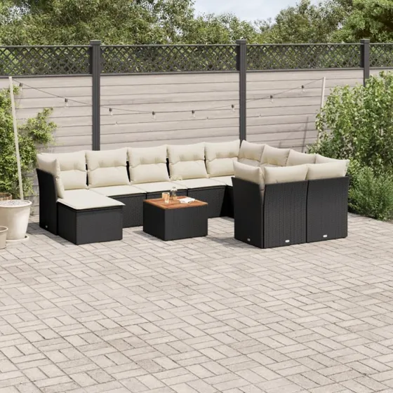 Havesofasæt 11 dele i sort polyrattan med hynder