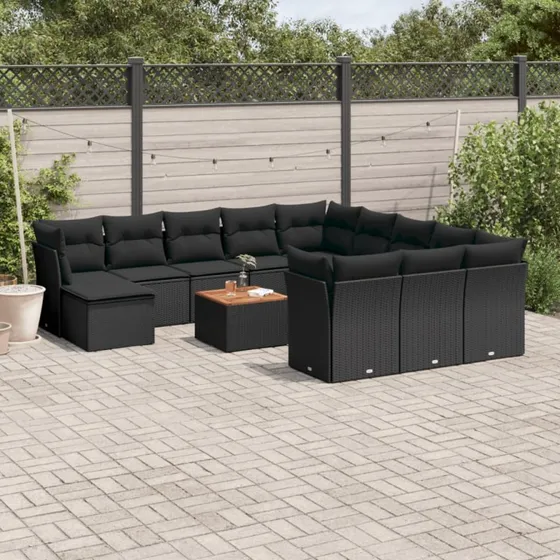 Havesofasæt 13 dele i sort polyrattan med hynder
