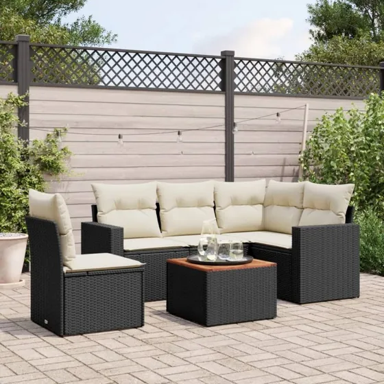 Havesofasæt 6 dele i sort polyrattan med hynder
