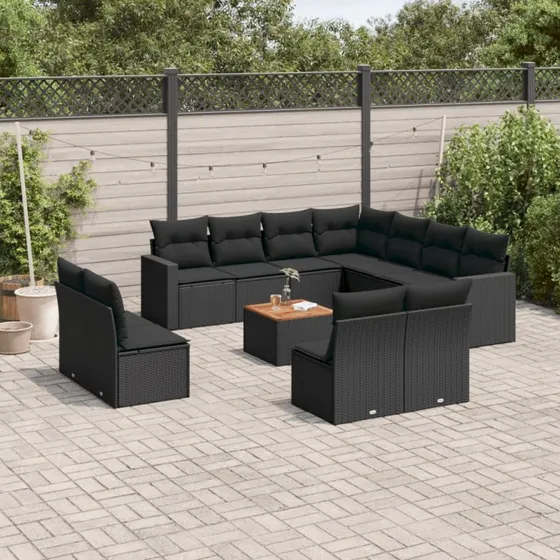 Havesofasæt 12 dele i polyrattan med hynder, sort