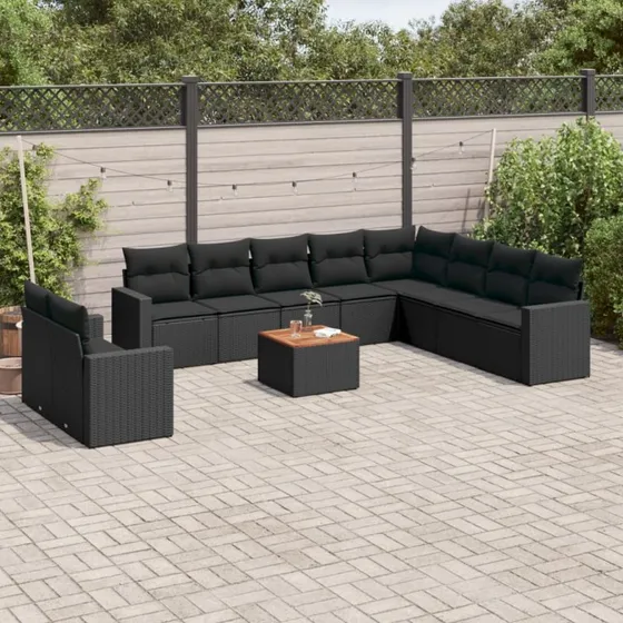 Sofasæt til haven 11 dele - polyrattan sort med hynder