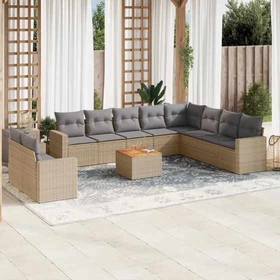 11-dele havemøbelsæt i polyrattan med hynder - beige