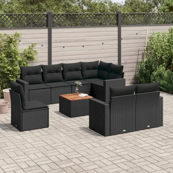 9-dele sofasæt til haven i sort polyrattan med hynder