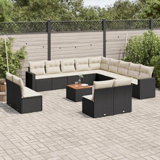 Havesofasæt 14 dele i sort polyrattan med hynder