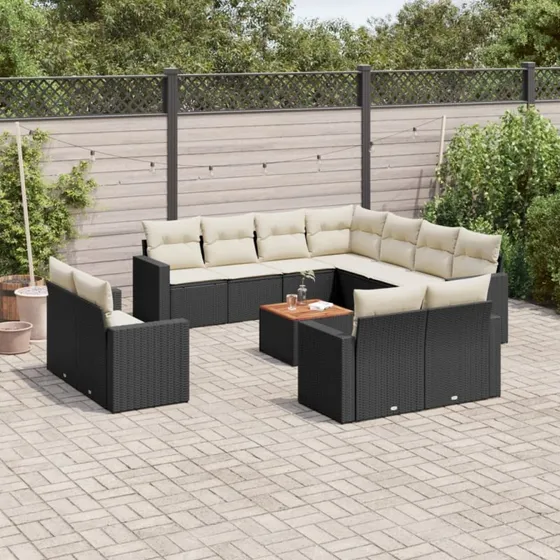 Havesofasæt 13 dele polyrattan sort med hynder