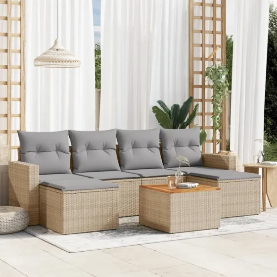 7-delers havesofasæt i polyrattan med hynder — beige