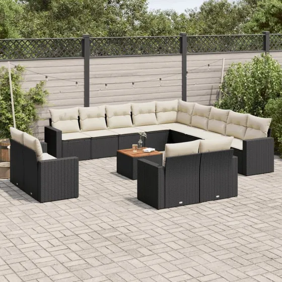 Havesofasæt 14 dele i sort polyrattan med hynder