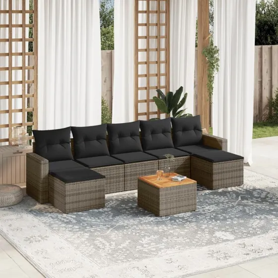 Havesofasæt 8 dele i grå polyrattan med hynder