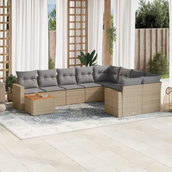 Havesæt i polyrattan 10 dele med hynder – beige