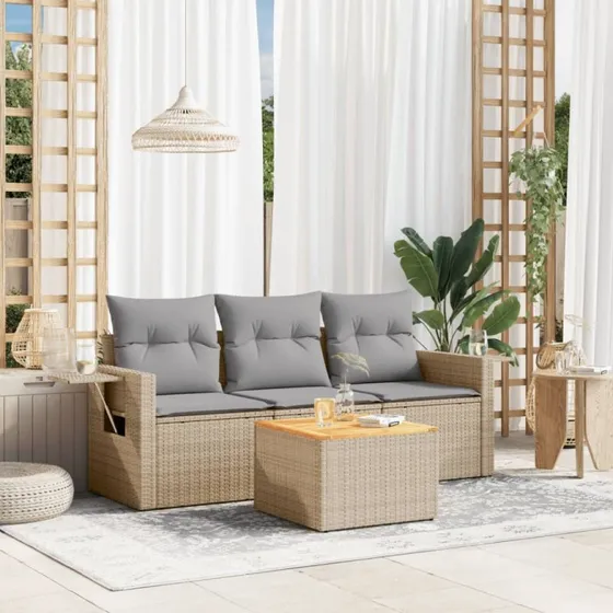 Sofasæt til haven 4 dele i beige polyrattan med hynder