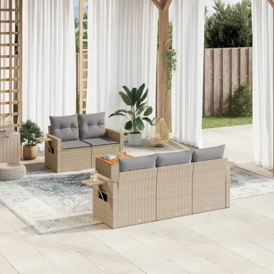 6-delers polyrattan sofasæt til haven med hynder – beige