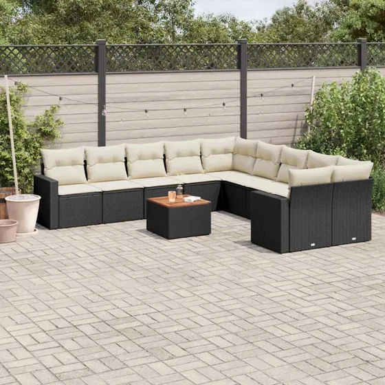 Havesofasæt i polyrattan 11 dele med hynder - sort