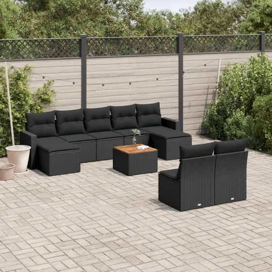 Havesofasæt i polyrattan 10 dele med hynder – sort