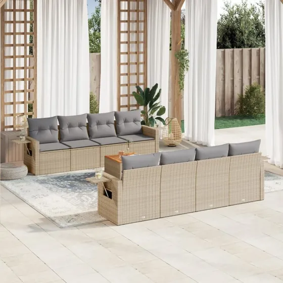 Havesofasæt 9 dele i polyrattan beige m. hynder