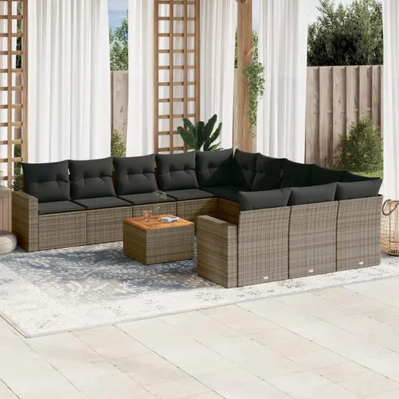 Havesofasæt 12 dele i grå polyrattan med hynder