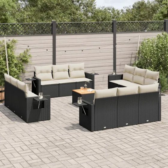 Havesofasæt 13 dele i polyrattan med hynder, sort