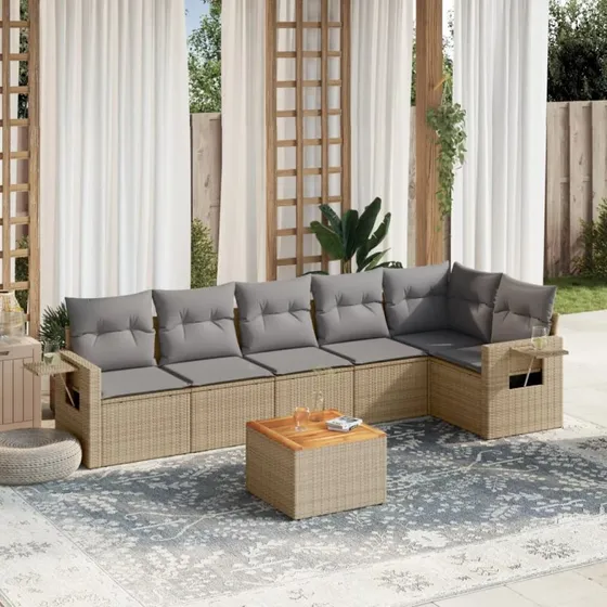 Sofasæt til haven 7 dele i beige polyrattan