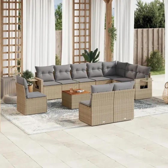 Havesofasæt 11 dele i polyrattan med hynder - beige