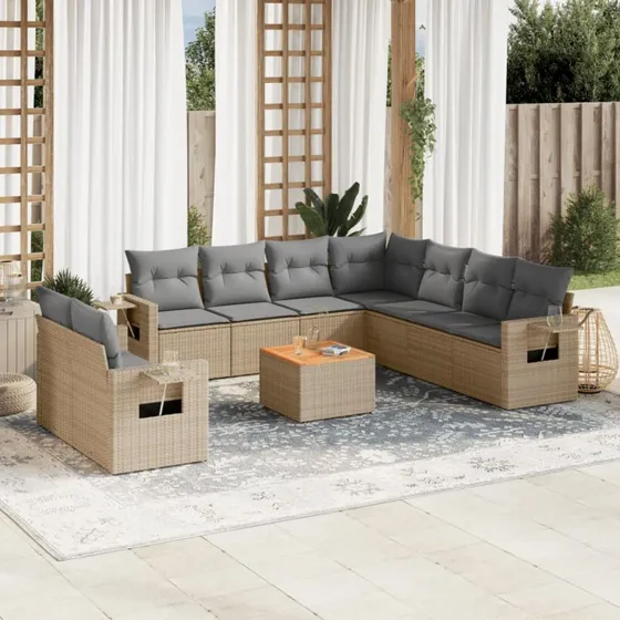 Havesofasæt 10 dele i polyrattan med hynder, beige