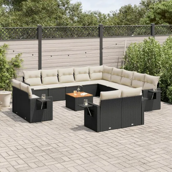Polyrattan sofasæt til haven 14 dele med hynder - sort