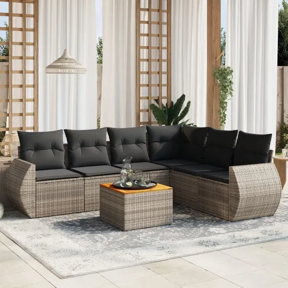 Havesofasæt 7 dele i grå polyrattan med hynder